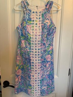 Lilly Pulitzer Pearl Shift Dress All Together Now Blue White Eyelet Size 2